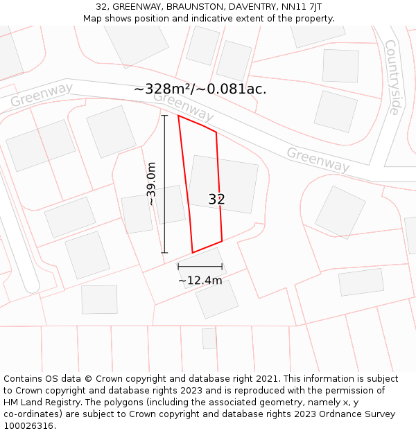 32, GREENWAY, BRAUNSTON, DAVENTRY, NN11 7JT: Plot and title map