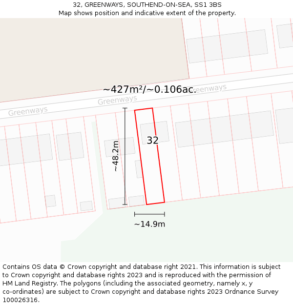 32, GREENWAYS, SOUTHEND-ON-SEA, SS1 3BS: Plot and title map