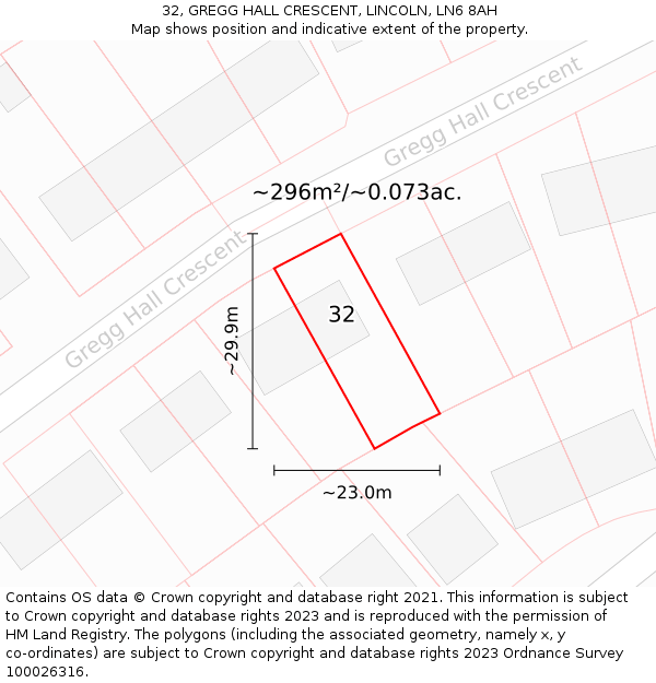 32, GREGG HALL CRESCENT, LINCOLN, LN6 8AH: Plot and title map