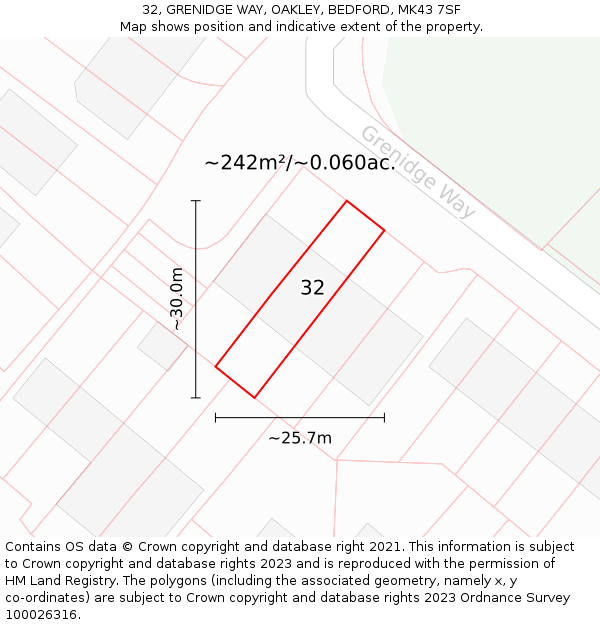 32, GRENIDGE WAY, OAKLEY, BEDFORD, MK43 7SF: Plot and title map