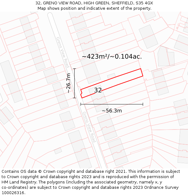 32, GRENO VIEW ROAD, HIGH GREEN, SHEFFIELD, S35 4GX: Plot and title map