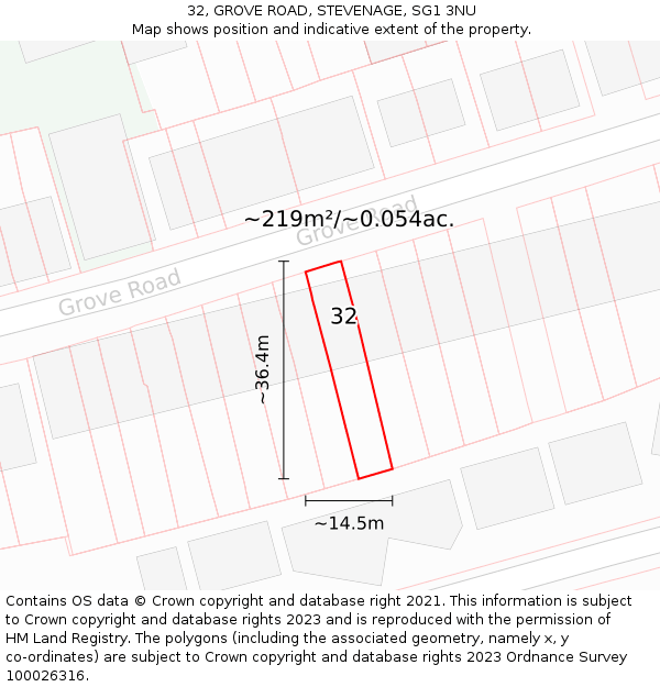 32, GROVE ROAD, STEVENAGE, SG1 3NU: Plot and title map