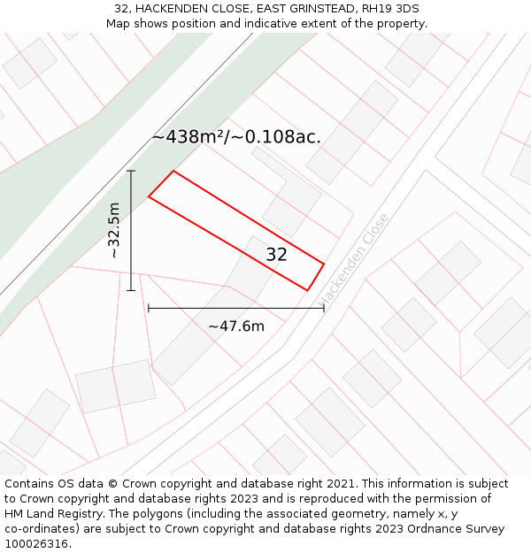32, HACKENDEN CLOSE, EAST GRINSTEAD, RH19 3DS: Plot and title map