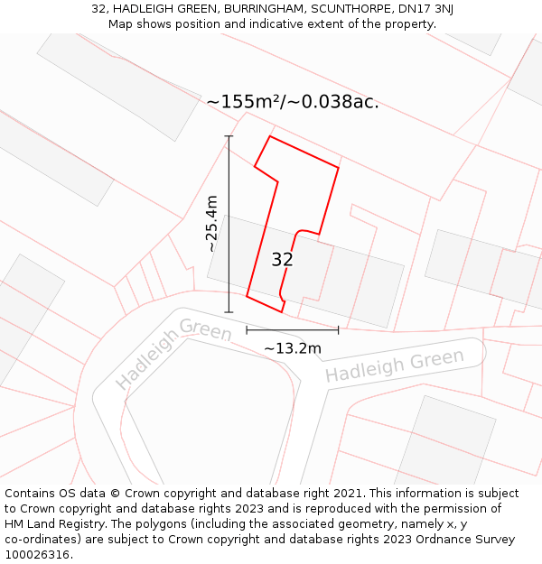 32, HADLEIGH GREEN, BURRINGHAM, SCUNTHORPE, DN17 3NJ: Plot and title map