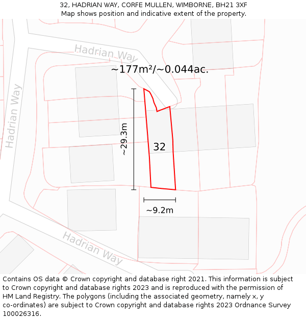 32, HADRIAN WAY, CORFE MULLEN, WIMBORNE, BH21 3XF: Plot and title map