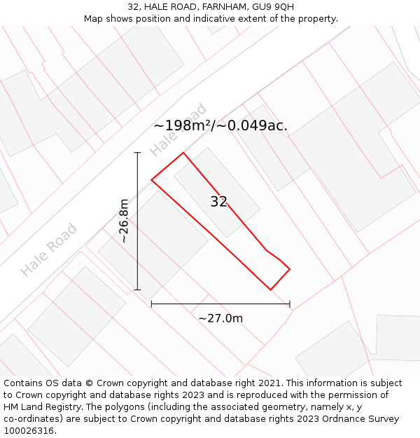 32, HALE ROAD, FARNHAM, GU9 9QH: Plot and title map