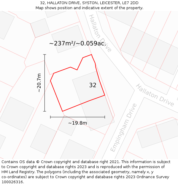 32, HALLATON DRIVE, SYSTON, LEICESTER, LE7 2DD: Plot and title map