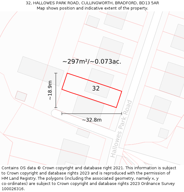 32, HALLOWES PARK ROAD, CULLINGWORTH, BRADFORD, BD13 5AR: Plot and title map