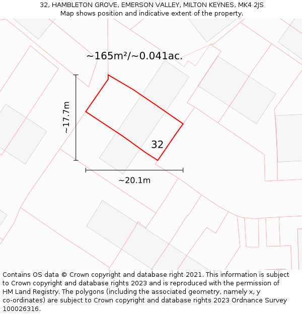 32, HAMBLETON GROVE, EMERSON VALLEY, MILTON KEYNES, MK4 2JS: Plot and title map