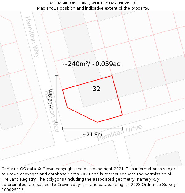 32, HAMILTON DRIVE, WHITLEY BAY, NE26 1JG: Plot and title map