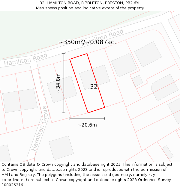 32, HAMILTON ROAD, RIBBLETON, PRESTON, PR2 6YH: Plot and title map