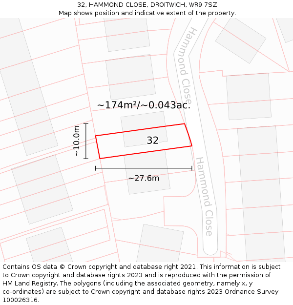 32, HAMMOND CLOSE, DROITWICH, WR9 7SZ: Plot and title map