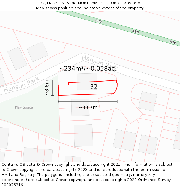 32, HANSON PARK, NORTHAM, BIDEFORD, EX39 3SA: Plot and title map