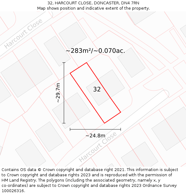 32, HARCOURT CLOSE, DONCASTER, DN4 7RN: Plot and title map