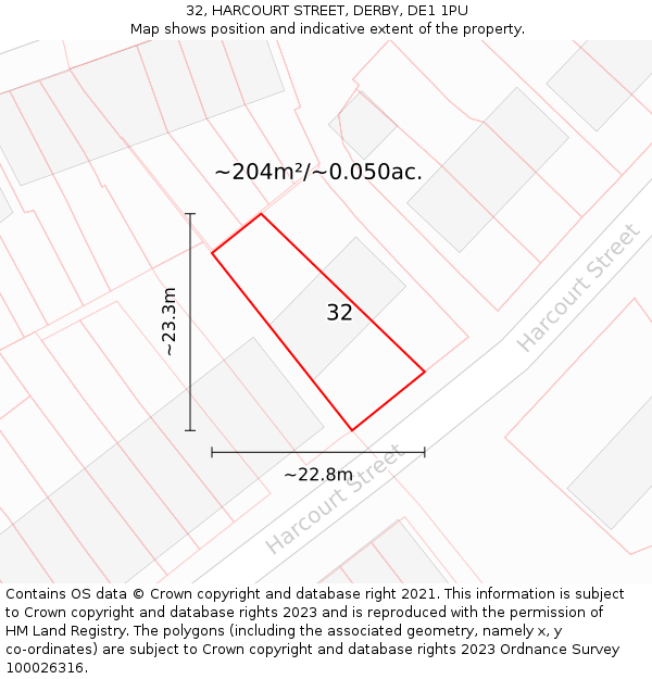 32, HARCOURT STREET, DERBY, DE1 1PU: Plot and title map