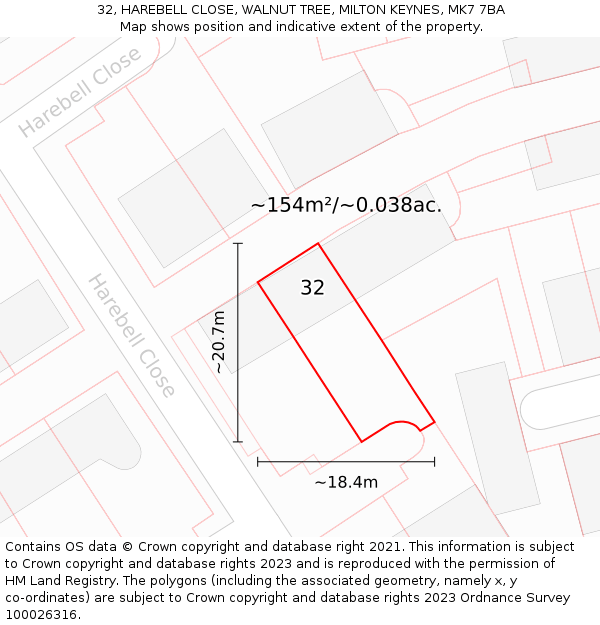 32, HAREBELL CLOSE, WALNUT TREE, MILTON KEYNES, MK7 7BA: Plot and title map