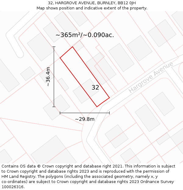 32, HARGROVE AVENUE, BURNLEY, BB12 0JH: Plot and title map