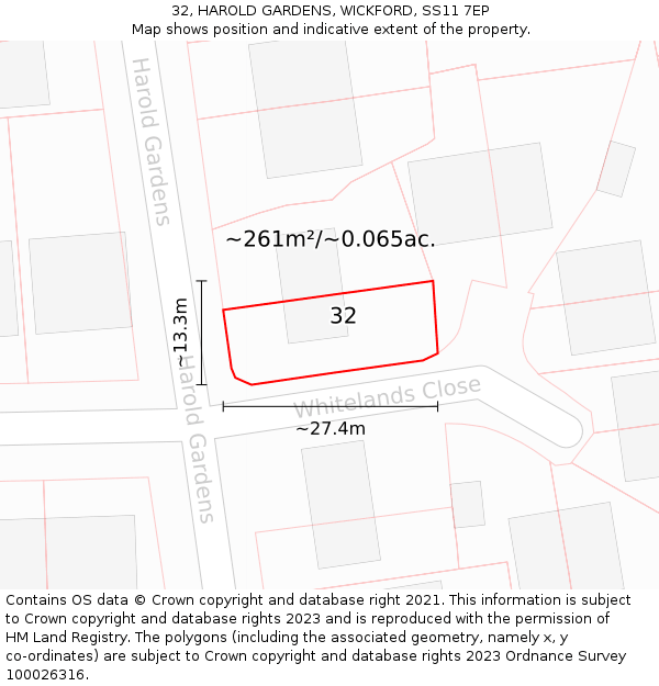 32, HAROLD GARDENS, WICKFORD, SS11 7EP: Plot and title map