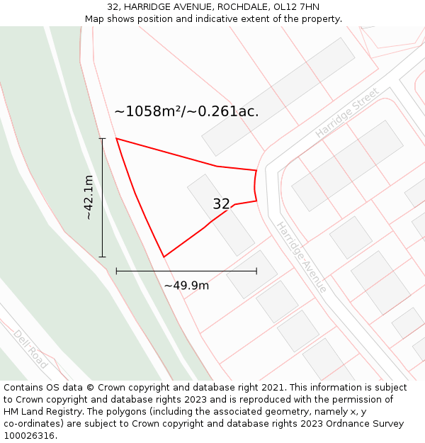 32, HARRIDGE AVENUE, ROCHDALE, OL12 7HN: Plot and title map