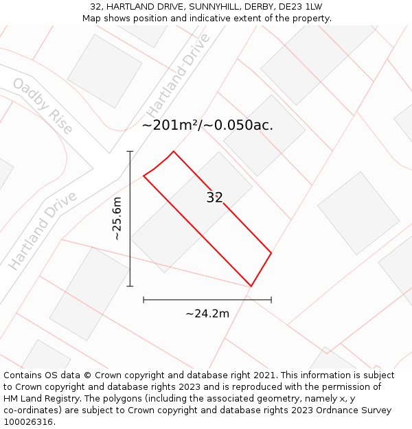 32, HARTLAND DRIVE, SUNNYHILL, DERBY, DE23 1LW: Plot and title map