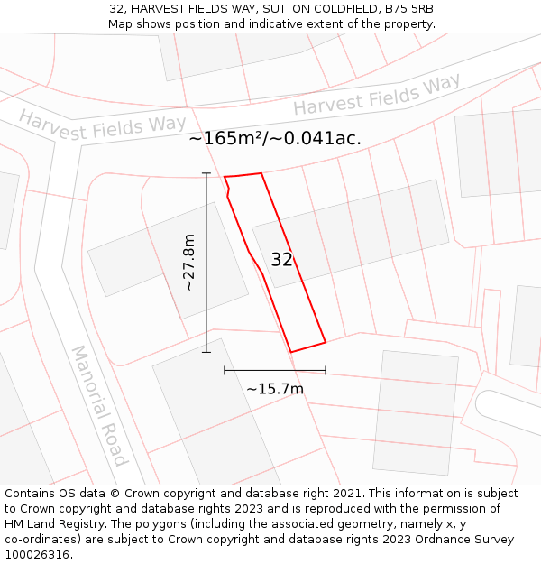 32, HARVEST FIELDS WAY, SUTTON COLDFIELD, B75 5RB: Plot and title map