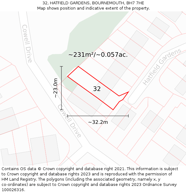 32, HATFIELD GARDENS, BOURNEMOUTH, BH7 7HE: Plot and title map