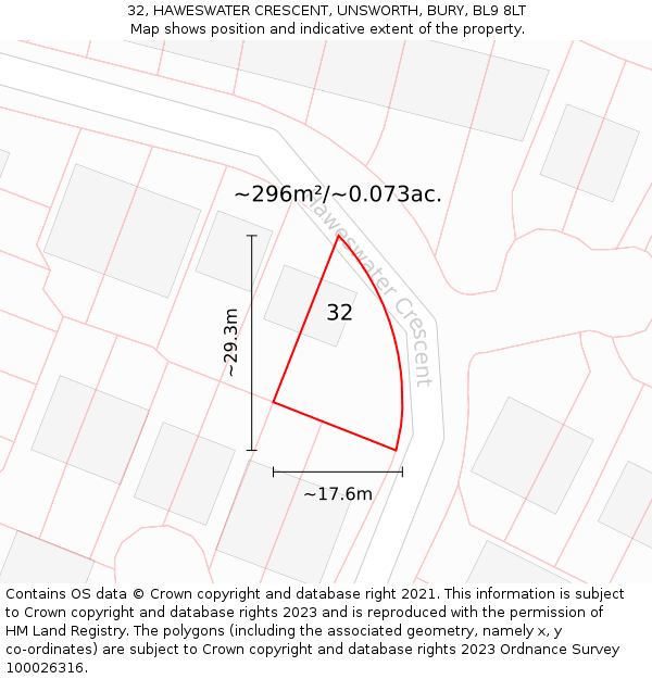 32, HAWESWATER CRESCENT, UNSWORTH, BURY, BL9 8LT: Plot and title map