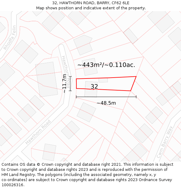 32, HAWTHORN ROAD, BARRY, CF62 6LE: Plot and title map