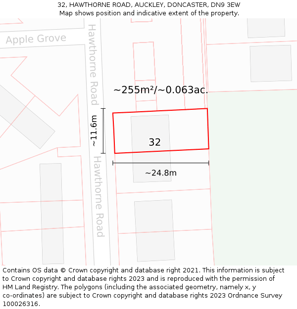 32, HAWTHORNE ROAD, AUCKLEY, DONCASTER, DN9 3EW: Plot and title map