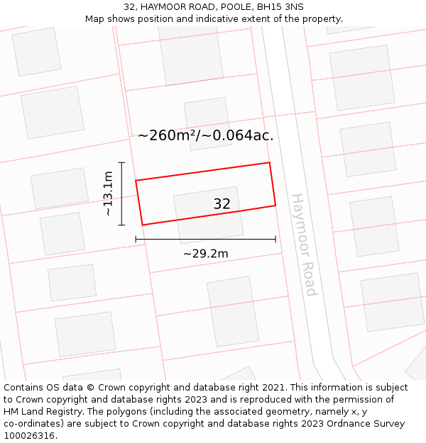 32, HAYMOOR ROAD, POOLE, BH15 3NS: Plot and title map