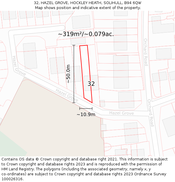 32, HAZEL GROVE, HOCKLEY HEATH, SOLIHULL, B94 6QW: Plot and title map