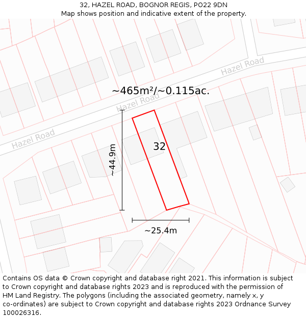 32, HAZEL ROAD, BOGNOR REGIS, PO22 9DN: Plot and title map