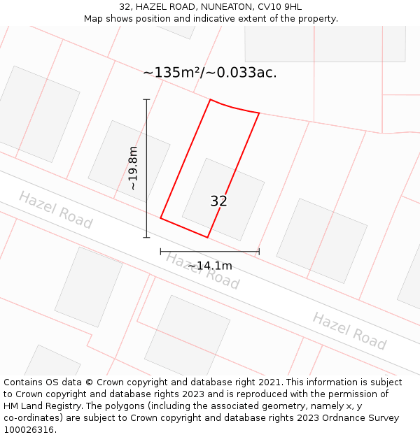 32, HAZEL ROAD, NUNEATON, CV10 9HL: Plot and title map