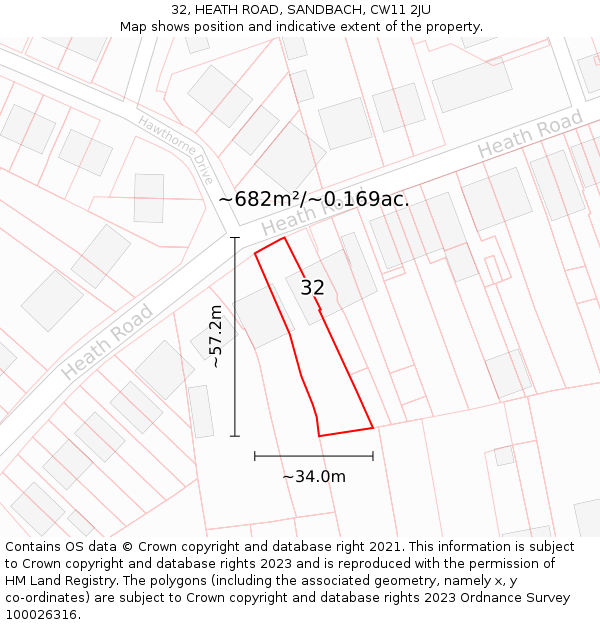 32, HEATH ROAD, SANDBACH, CW11 2JU: Plot and title map