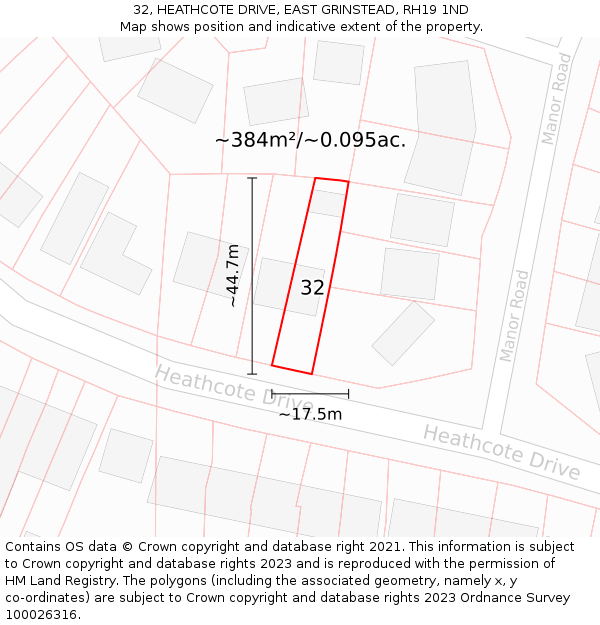 32, HEATHCOTE DRIVE, EAST GRINSTEAD, RH19 1ND: Plot and title map