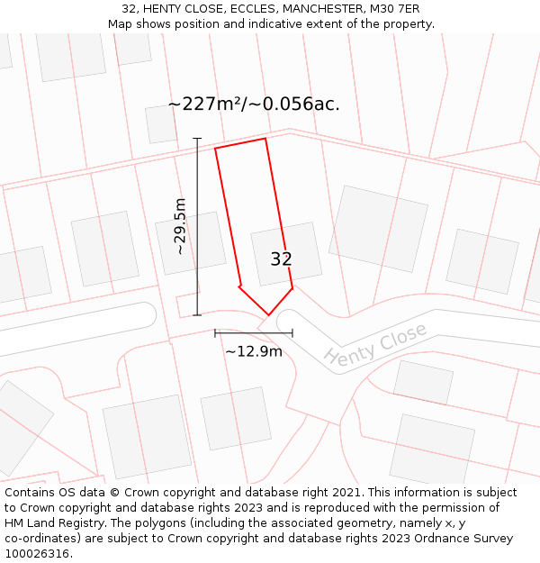 32, HENTY CLOSE, ECCLES, MANCHESTER, M30 7ER: Plot and title map