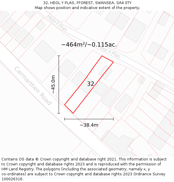 32, HEOL Y PLAS, FFOREST, SWANSEA, SA4 0TY: Plot and title map