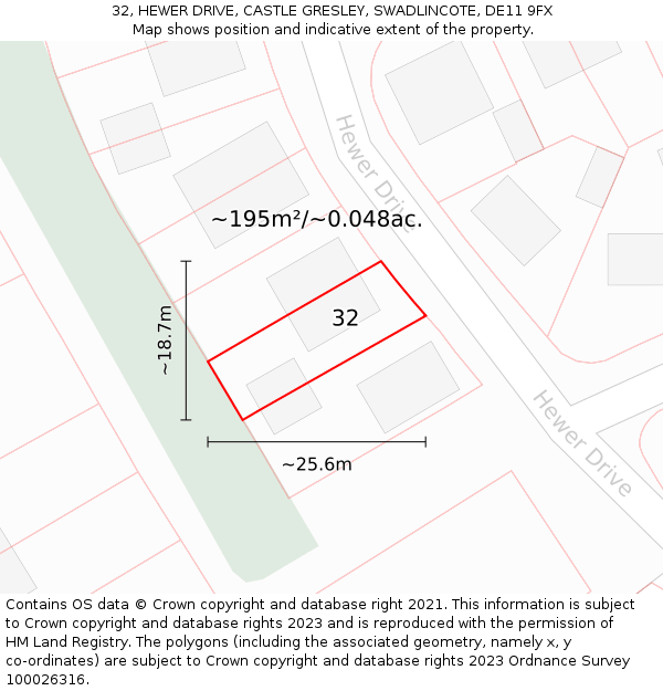 32, HEWER DRIVE, CASTLE GRESLEY, SWADLINCOTE, DE11 9FX: Plot and title map