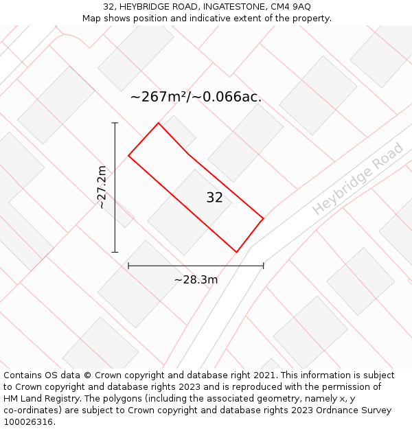 32, HEYBRIDGE ROAD, INGATESTONE, CM4 9AQ: Plot and title map