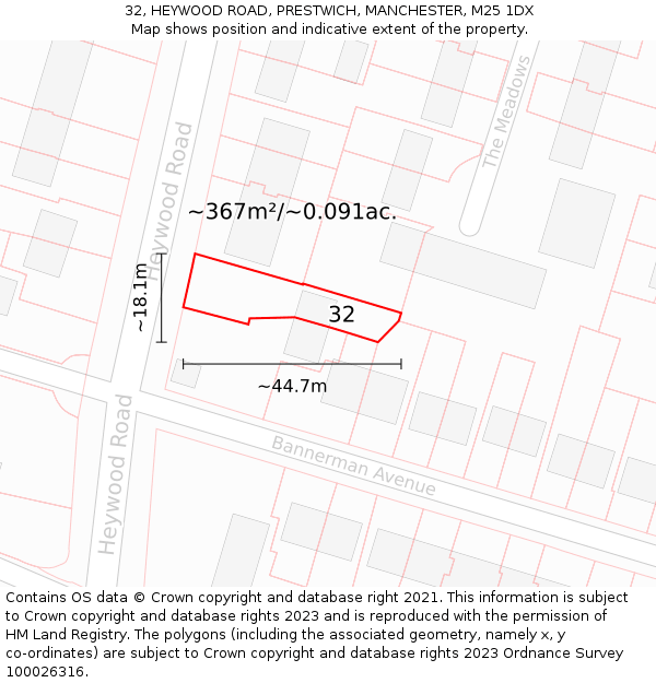 32, HEYWOOD ROAD, PRESTWICH, MANCHESTER, M25 1DX: Plot and title map