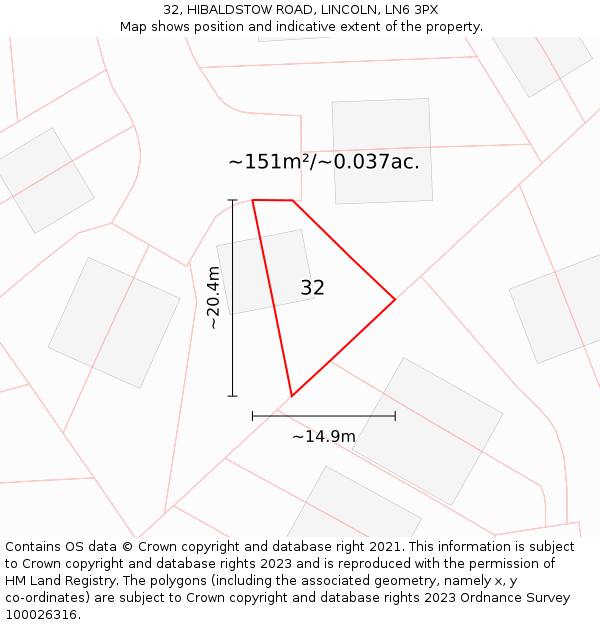 32, HIBALDSTOW ROAD, LINCOLN, LN6 3PX: Plot and title map