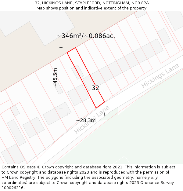 32, HICKINGS LANE, STAPLEFORD, NOTTINGHAM, NG9 8PA: Plot and title map
