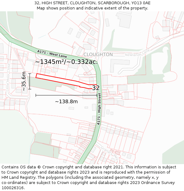 32, HIGH STREET, CLOUGHTON, SCARBOROUGH, YO13 0AE: Plot and title map