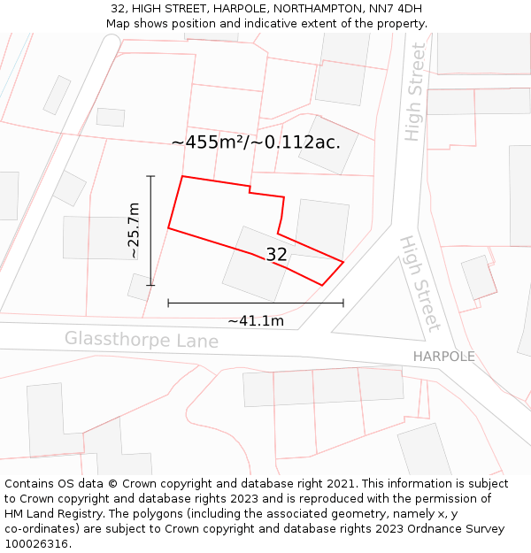 32, HIGH STREET, HARPOLE, NORTHAMPTON, NN7 4DH: Plot and title map