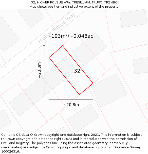 32, HIGHER POLSUE WAY, TRESILLIAN, TRURO, TR2 4BG: Plot and title map