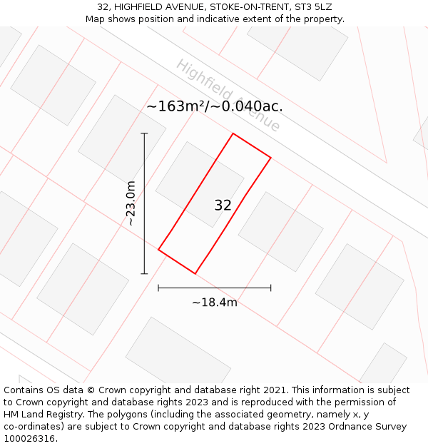 32, HIGHFIELD AVENUE, STOKE-ON-TRENT, ST3 5LZ: Plot and title map