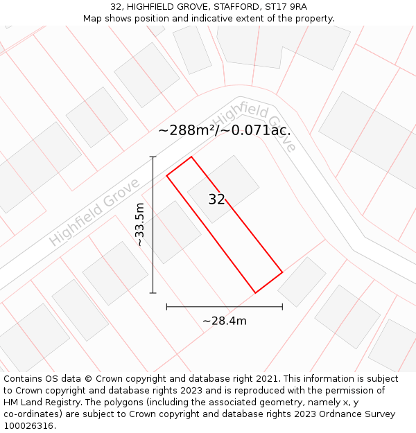 32, HIGHFIELD GROVE, STAFFORD, ST17 9RA: Plot and title map