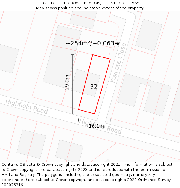 32, HIGHFIELD ROAD, BLACON, CHESTER, CH1 5AY: Plot and title map