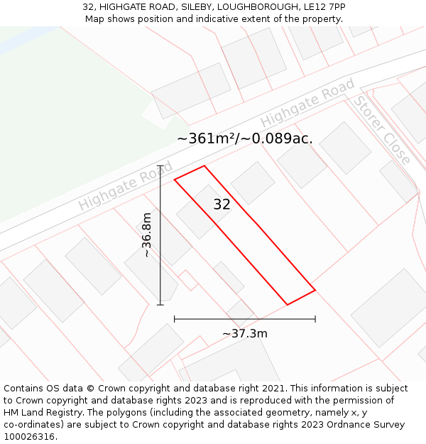 32, HIGHGATE ROAD, SILEBY, LOUGHBOROUGH, LE12 7PP: Plot and title map