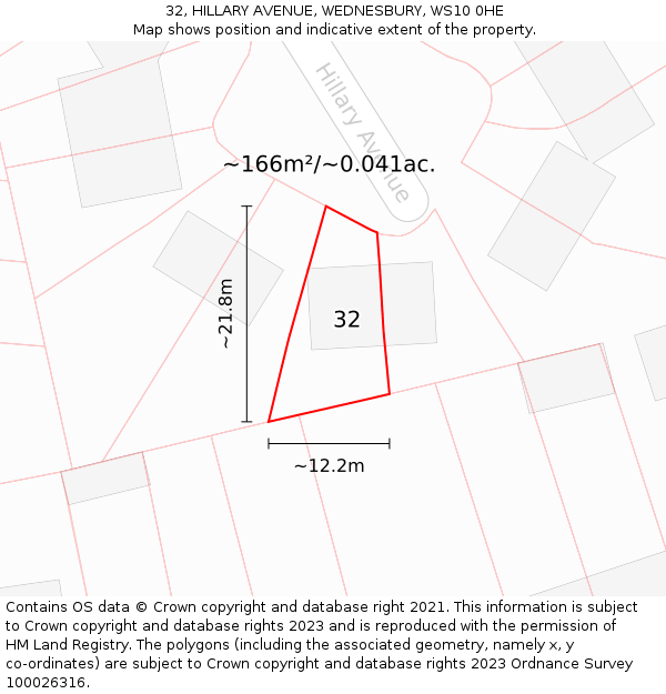 32, HILLARY AVENUE, WEDNESBURY, WS10 0HE: Plot and title map